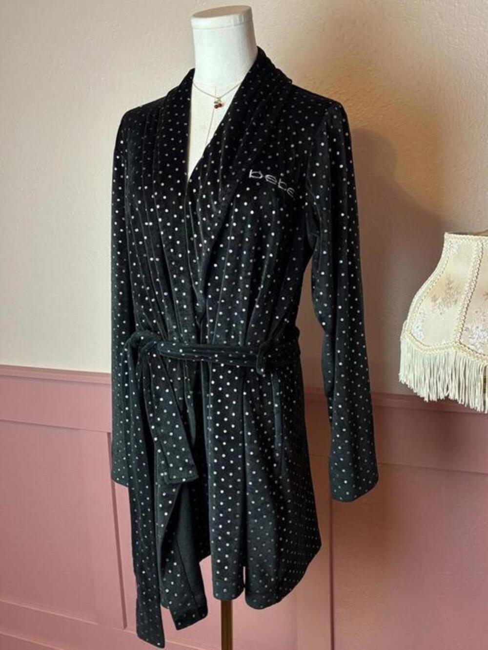 Bebe polka dot midi velour robe sz large black white mcbling